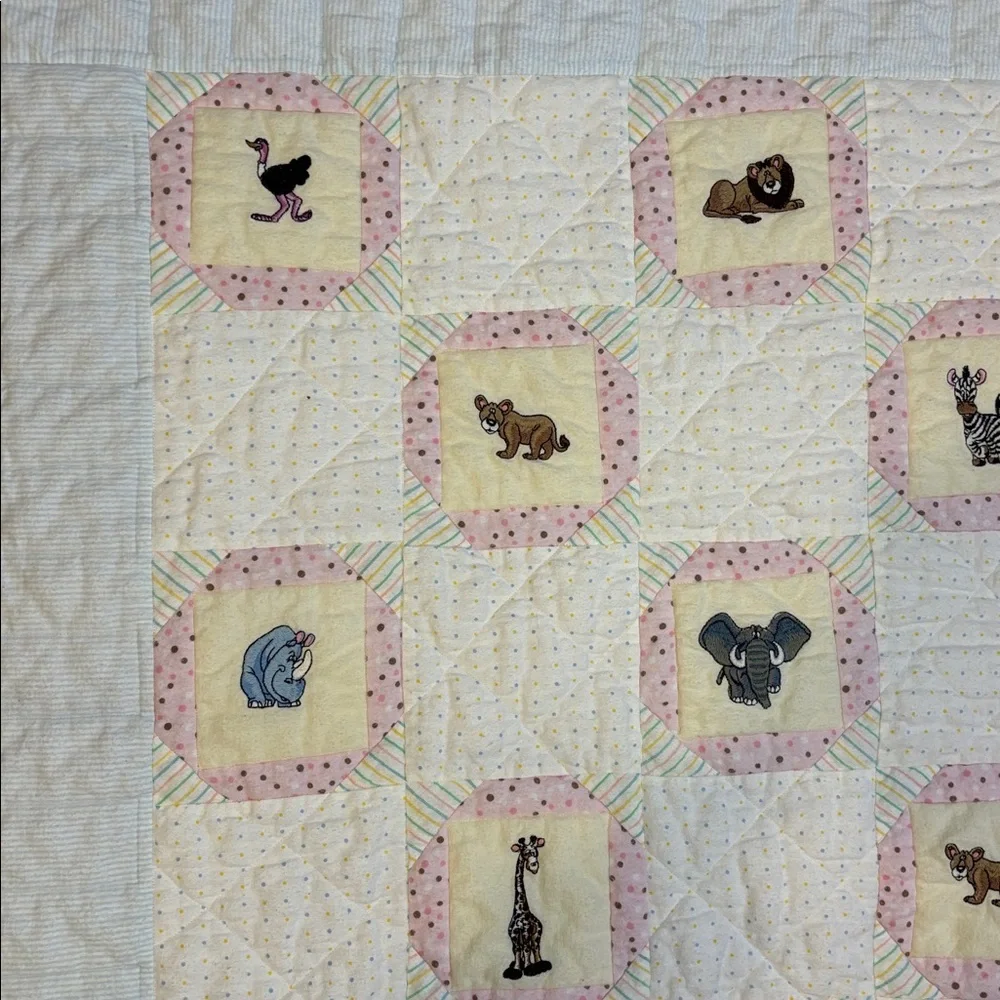 Handmade Patchwork Baby Quilt Embroidered Animal Cotton Flannel 35” x 35”